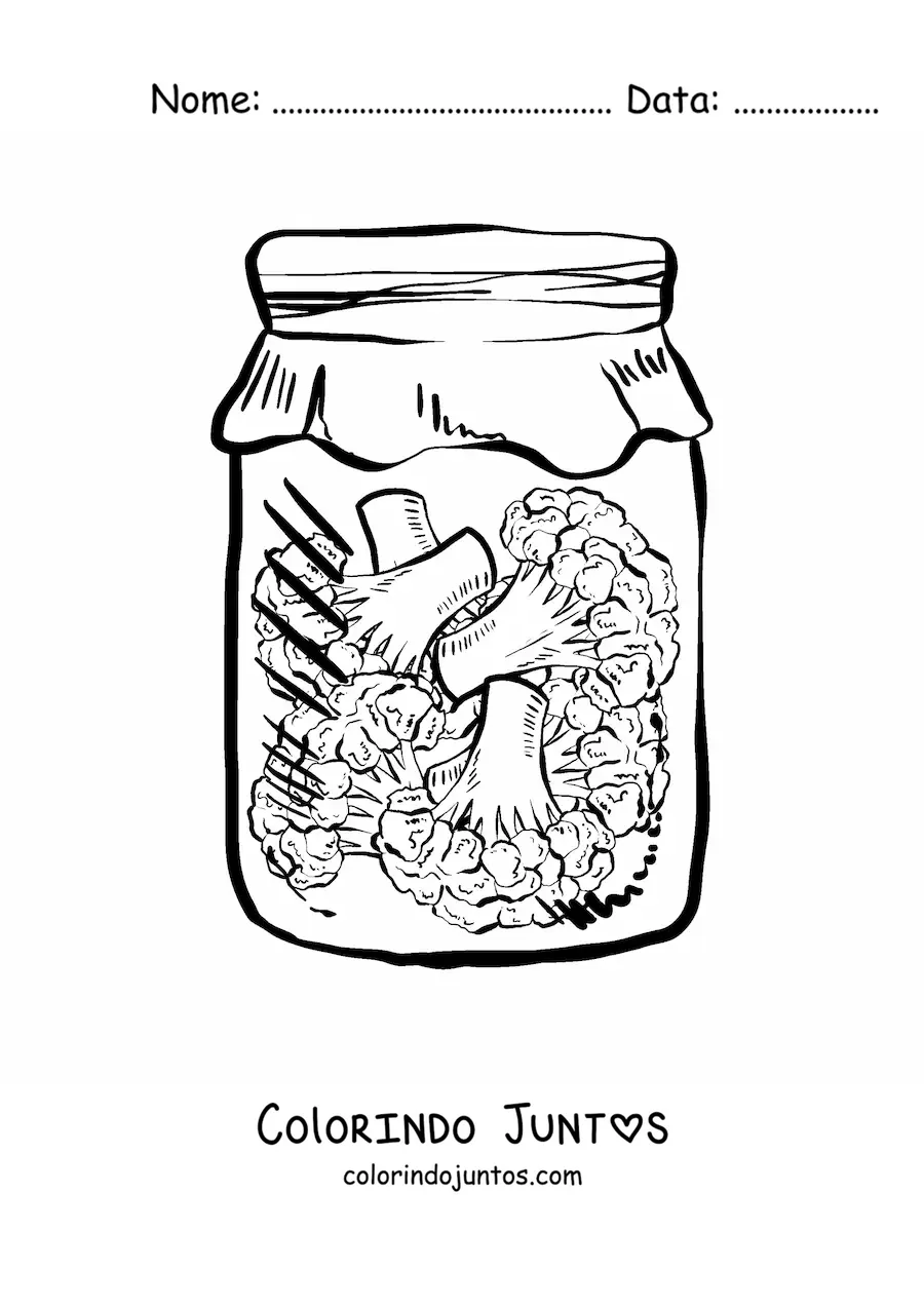 Desenho para colorir de pedacos de brocolis em um pote de vidro realista