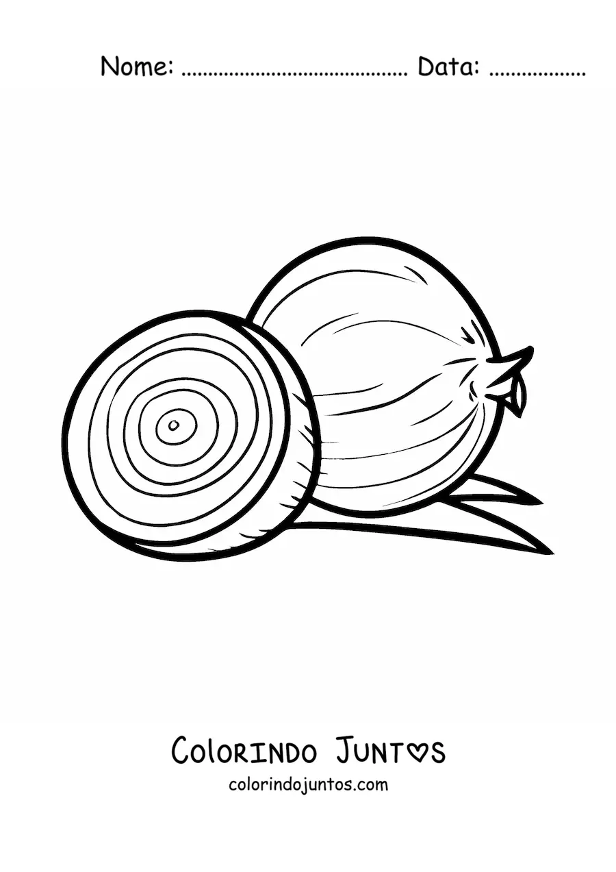 Desenho para colorir de uma cebola e a metade de outra