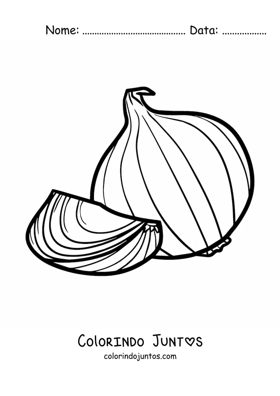 Desenho para colorir de uma cebola grande inteira e um pedaco