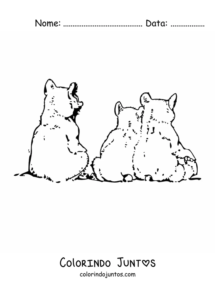 Desenho para colorir de uma familia de filhotes de urso sentados de costas