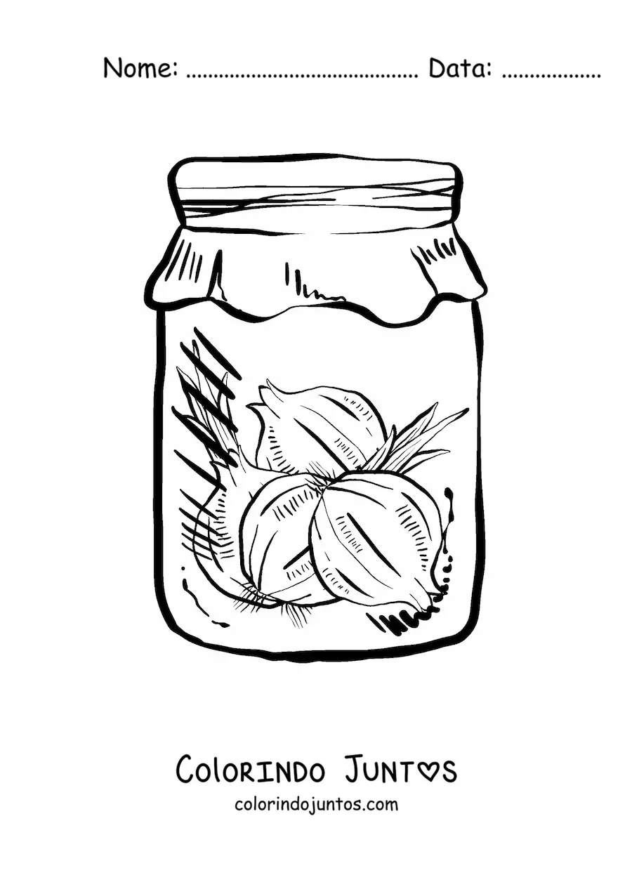 Desenho para colorir de um pote de vidro com cebolas