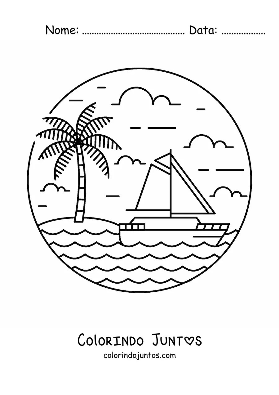 Desenho para colorir de uma ilha com uma palmeira e um veleiro