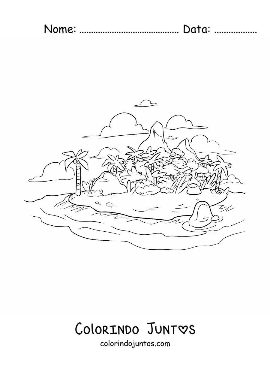 Desenho para colorir de uma ilha realista grande com palmeiras e montanhas