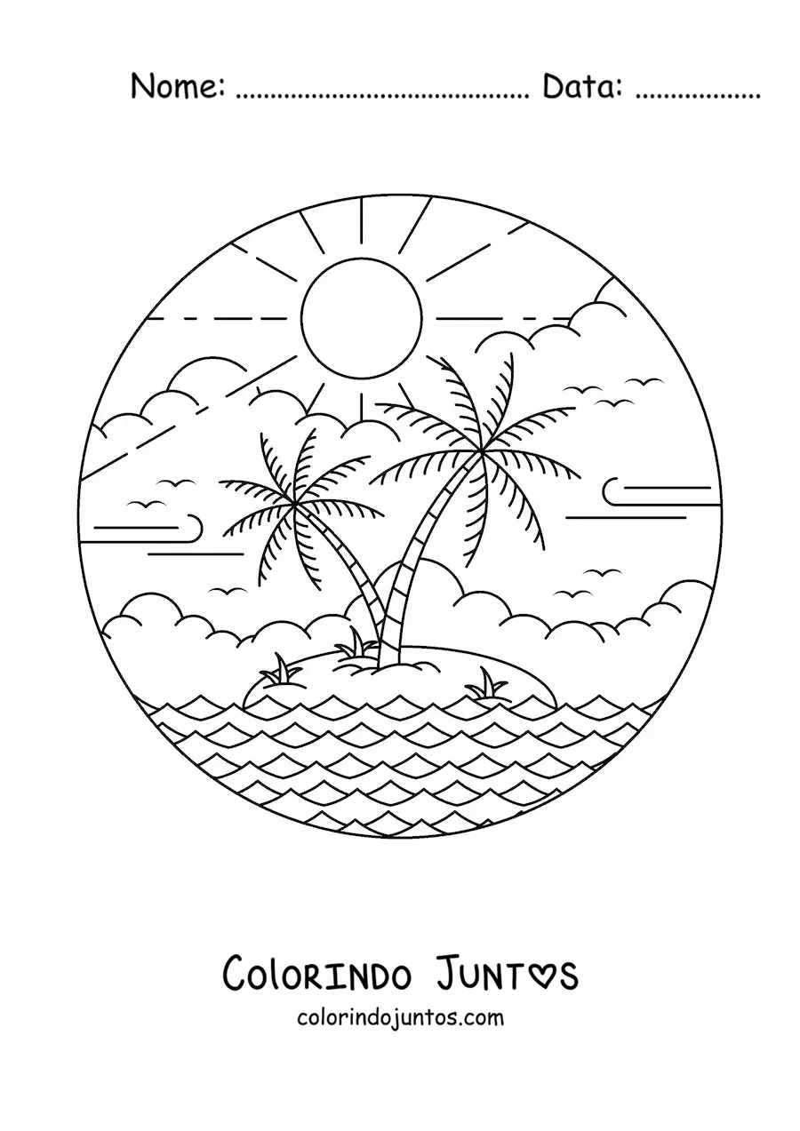 Desenho para colorir de uma ilha paradisiaca com Sol e 2 palmeiras