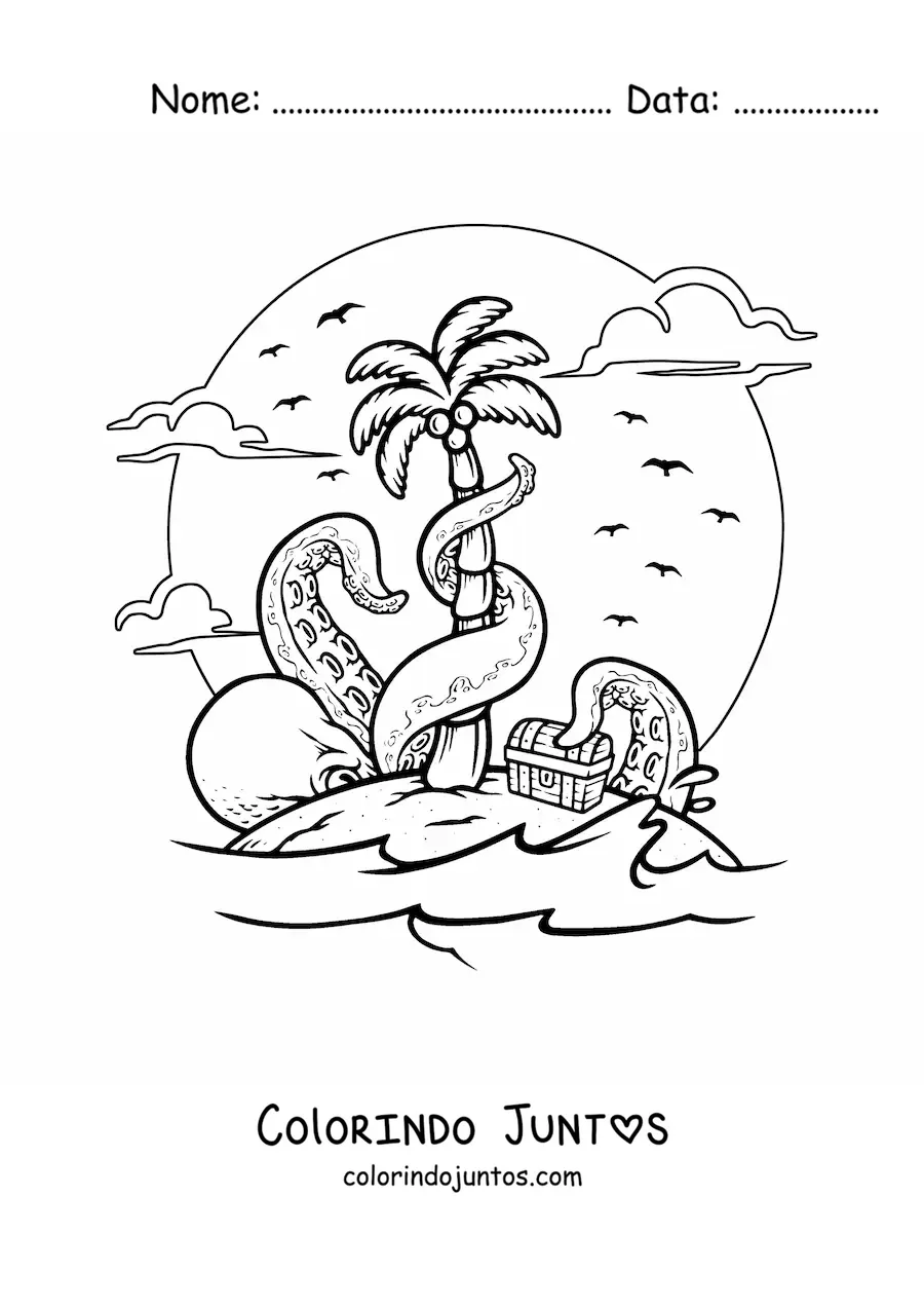 Desenho para colorir de uma ilha com bau do tesouro e um polvo gigante tentando rouba-lo