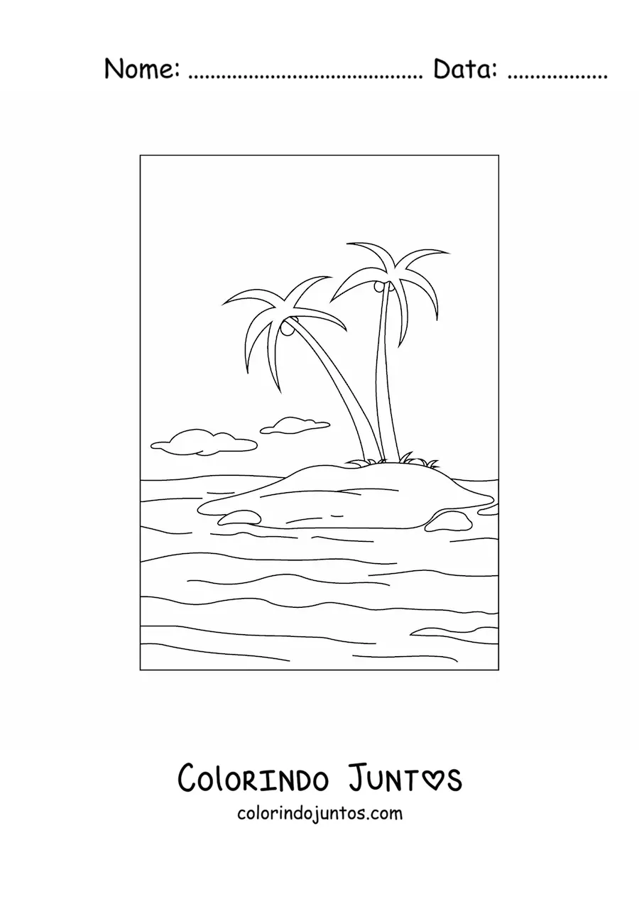 Desenho para colorir de uma paisagem de uma ilha com 2 palmeiras