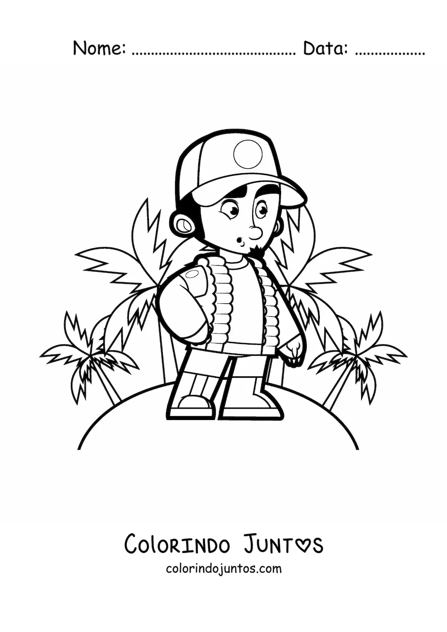 Desenho para colorir de um explorador em uma ilha tropical com palmeiras
