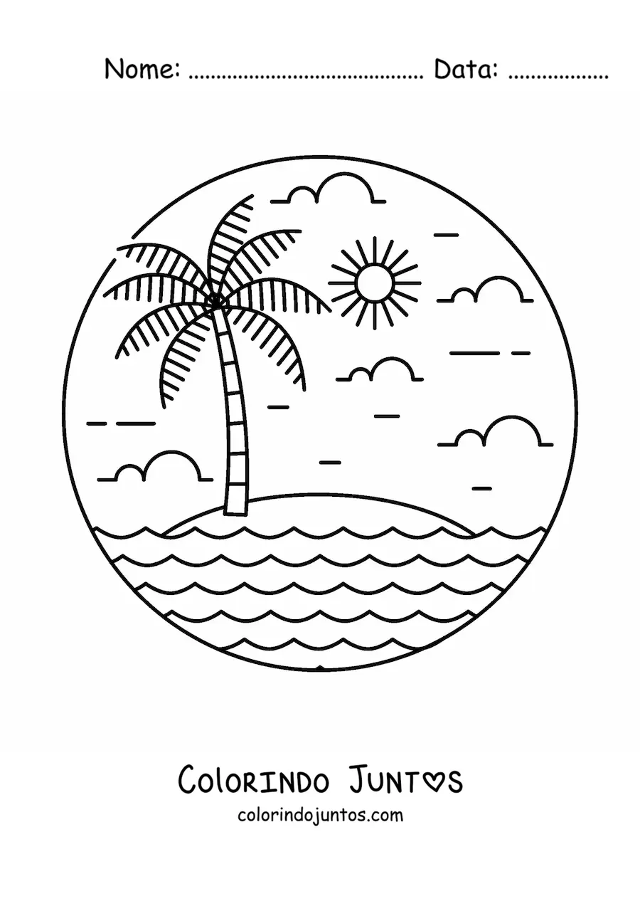 Desenho para colorir de uma ilha deserta com palmeira e Sol