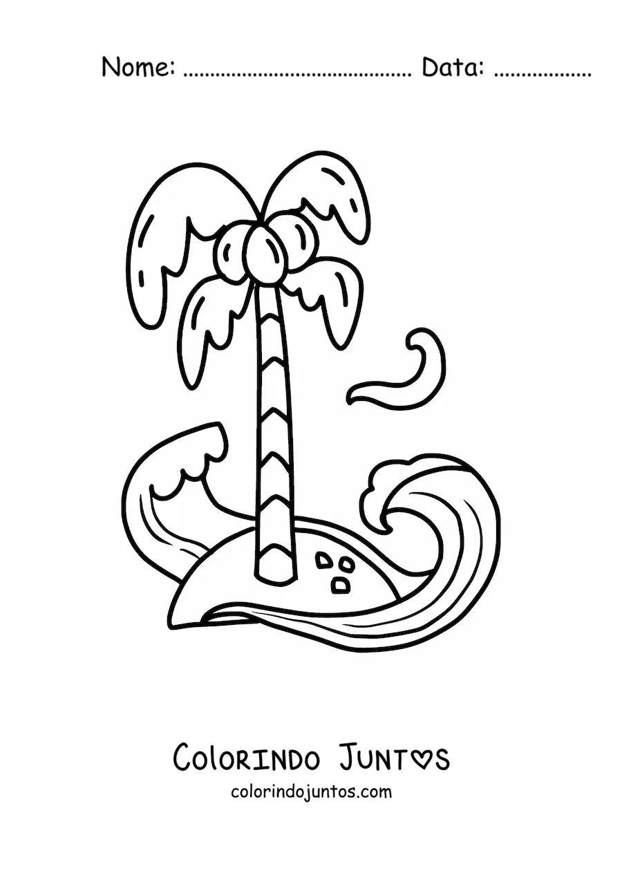 Desenho para colorir de uma ilha com um coqueiro e ondas no mar