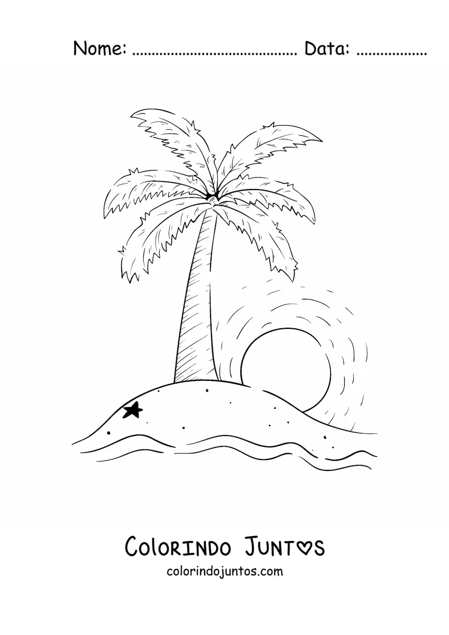 Desenho para colorir do Sol se pondo em uma ilha com uma palmeira