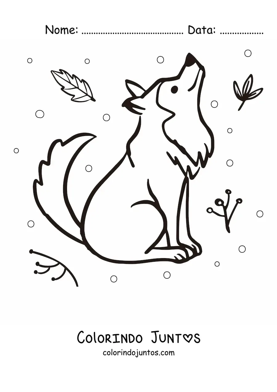 Desenho para colorir de um lobo kawaii sentado olhando para cima com folhas ao redor
