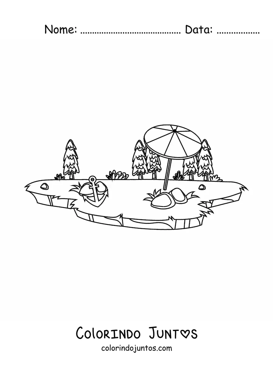 Desenho para colorir de uma ilha com guarda-sol