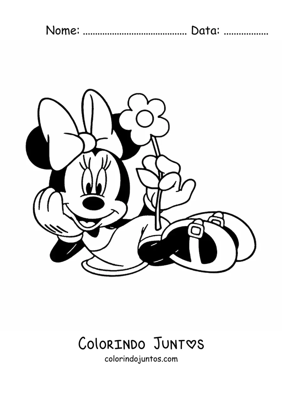 Desenho para colorir da Minnie deitada segurando uma flor