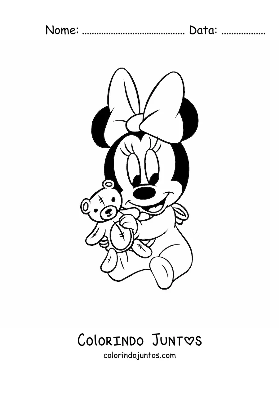 Desenho para colorir da Minnie bebe kawaii com um ursinho de pelucia
