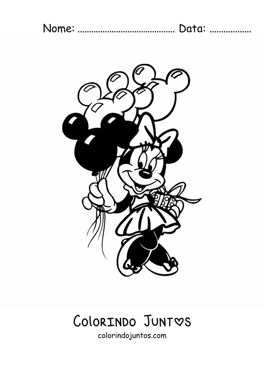 Desenho para colorir da Minnie com um presente e baloes de aniversario em formato de Mickey