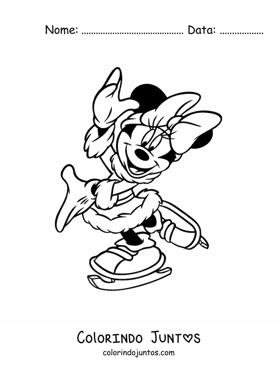 Desenho para colorir da Minnie vestida de inverno patinando no Natal