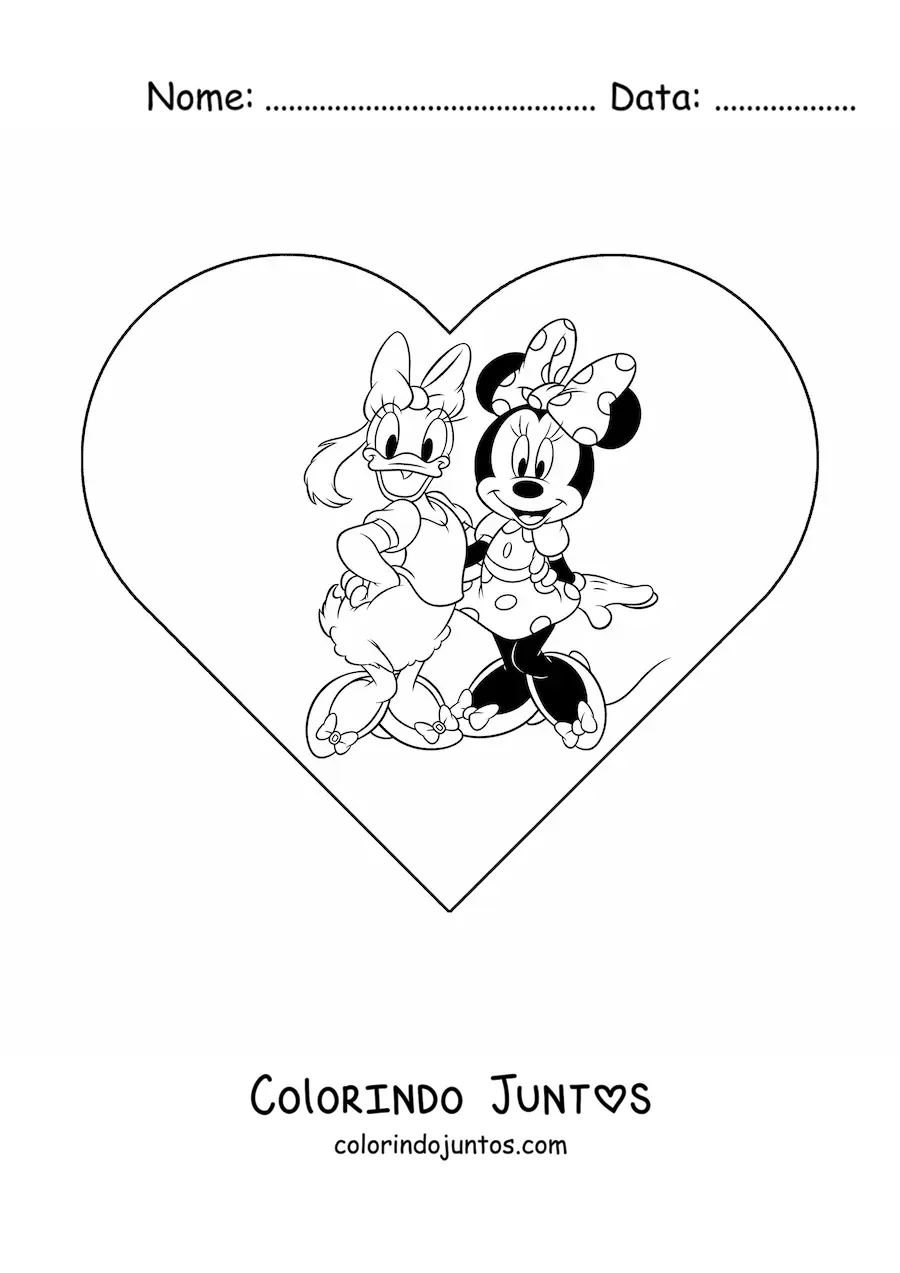 Desenho para colorir da Minnie e da Margarida com um coracao ao fundo