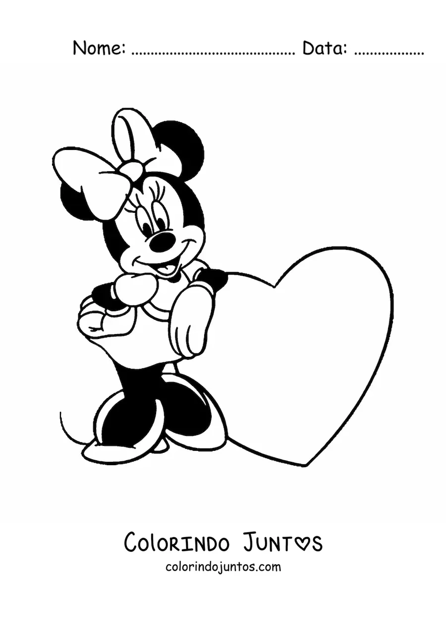 Desenho para colorir da Minnie ao lado de um coracao grande