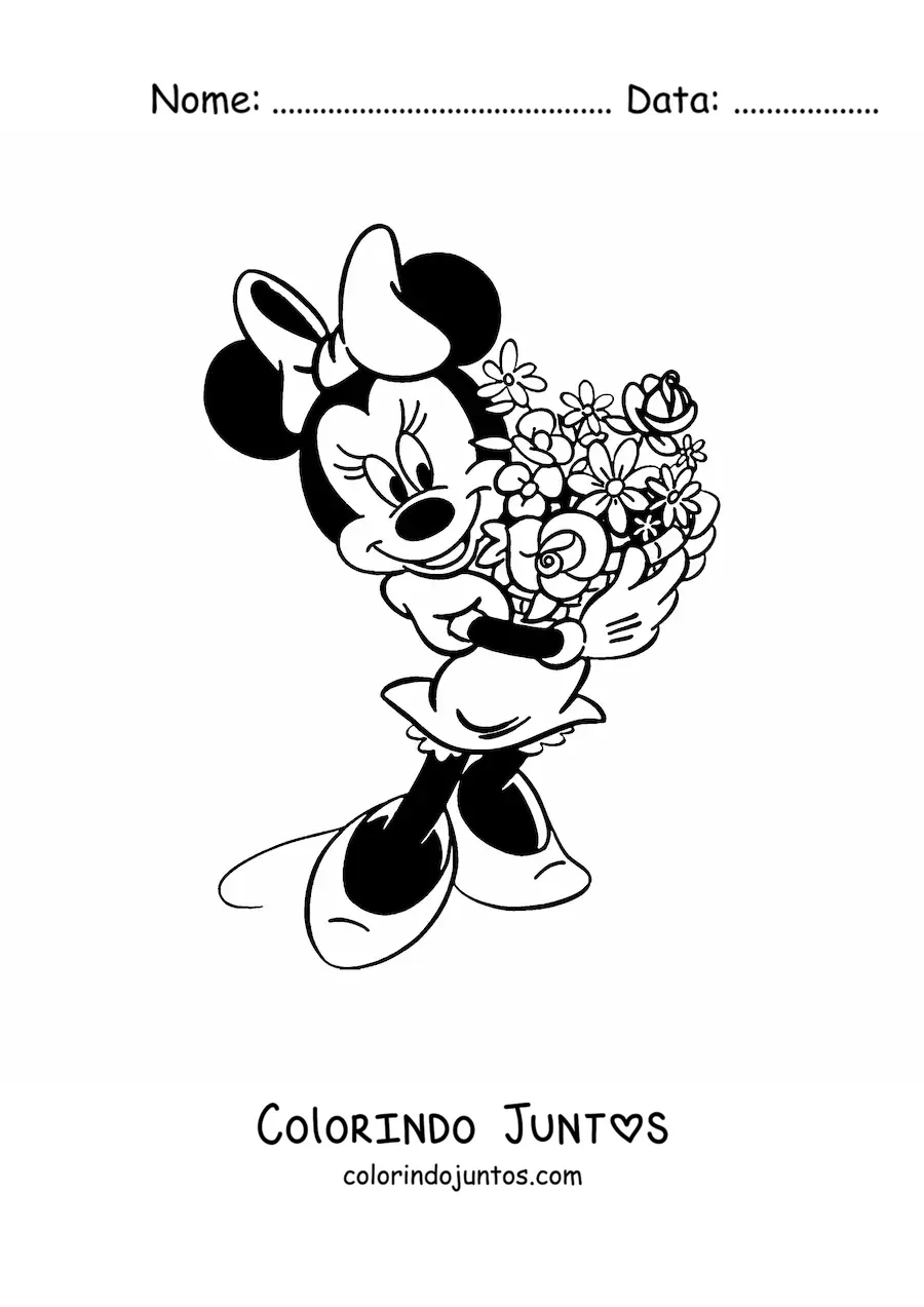 Desenho para colorir da Minnie com um buque de flores