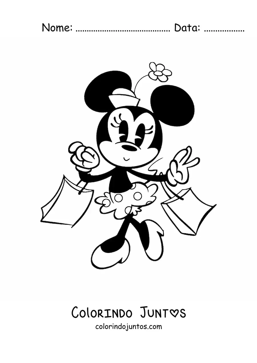 Desenho para colorir da Minnie fazendo compras com sacolas