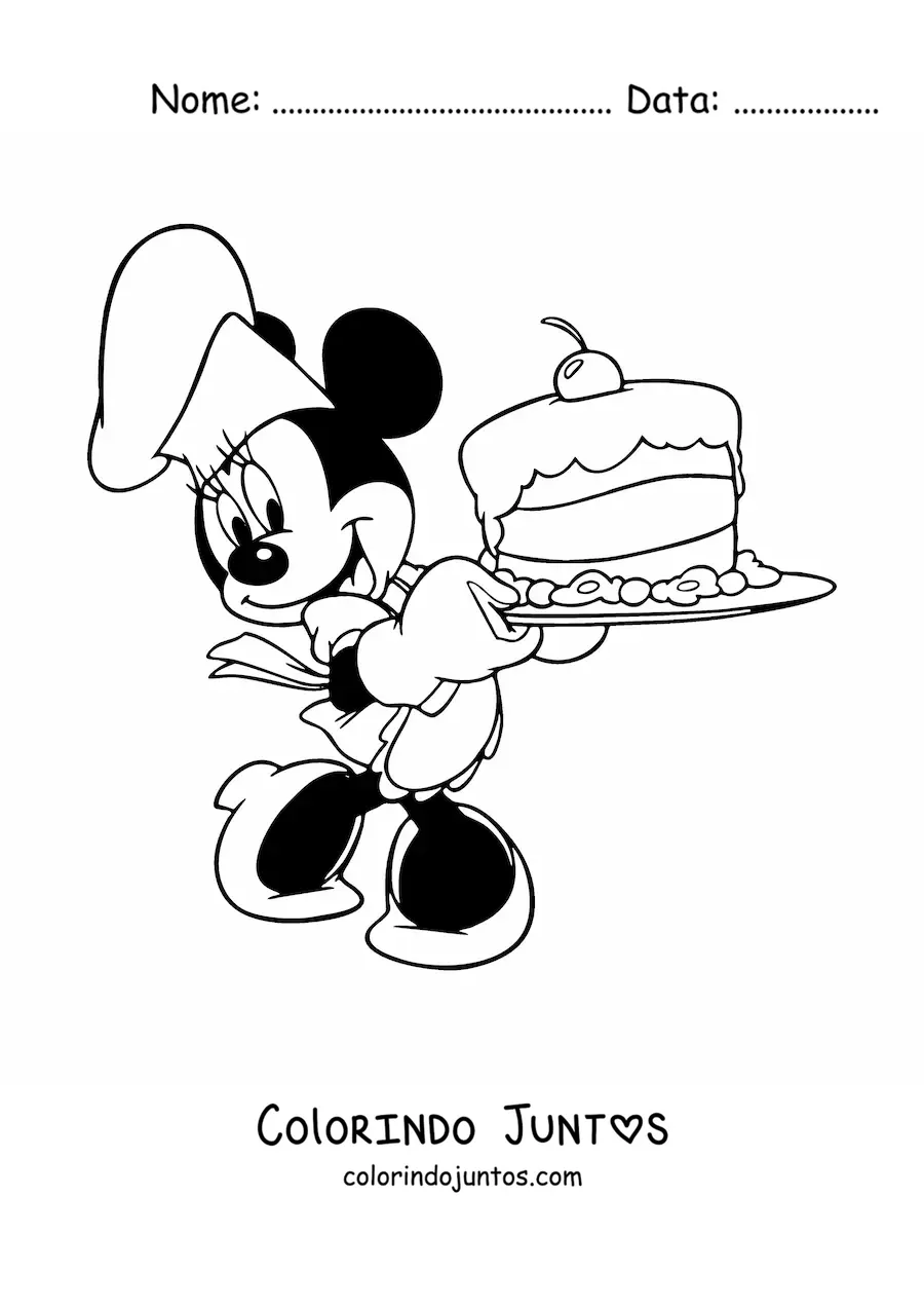 Desenho para colorir da Minnie cozinheira com chapeu de chef e um bolo