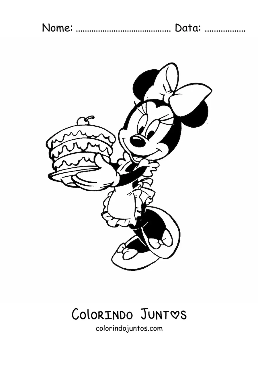 Desenho para colorir da Minnie com um bolo