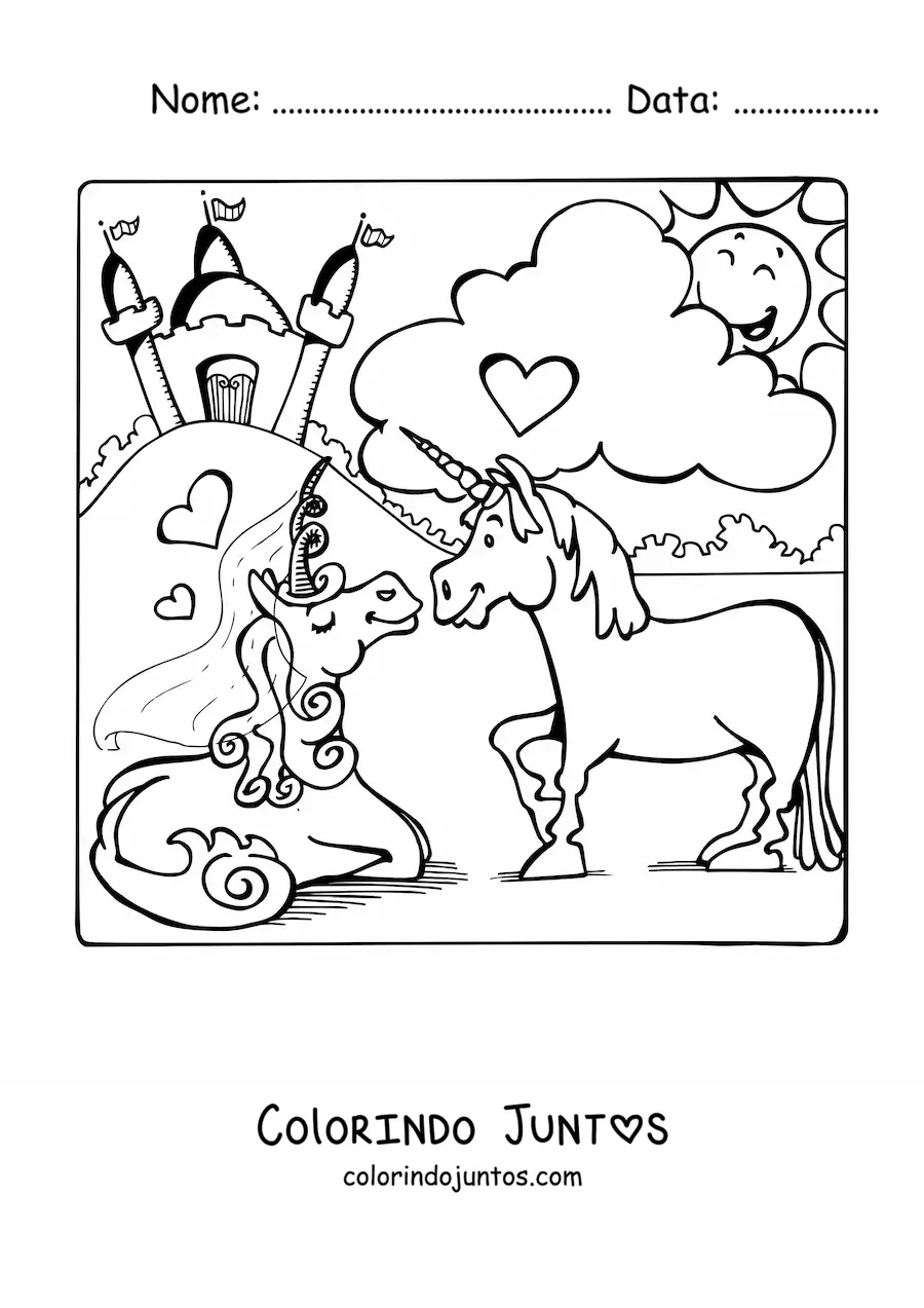 Desenho para colorir de uma princesa unicórnio com um príncipe unicórnio e um castelo ao fundo