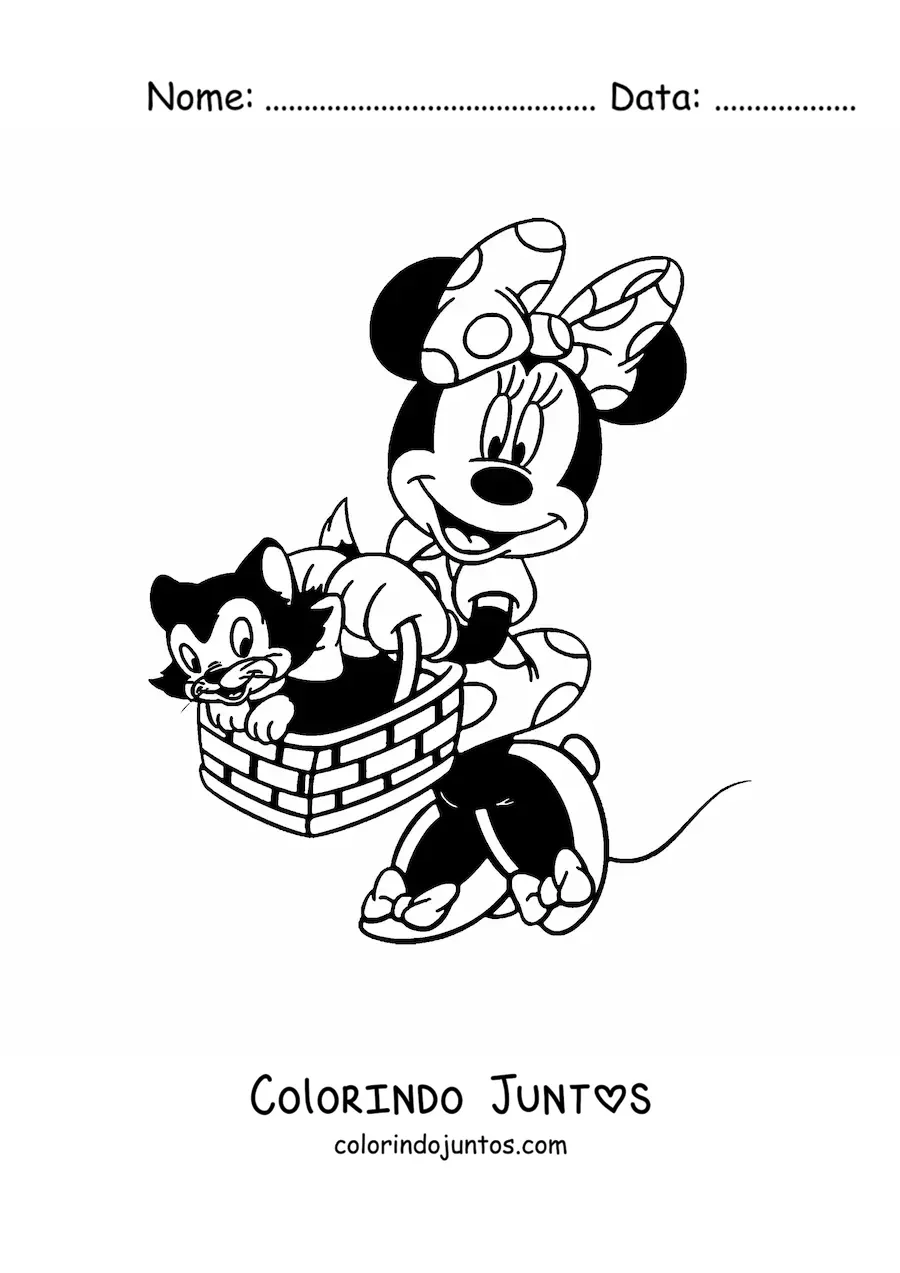 Desenho para colorir da Minnie levando seu gato Figaro em uma cesta