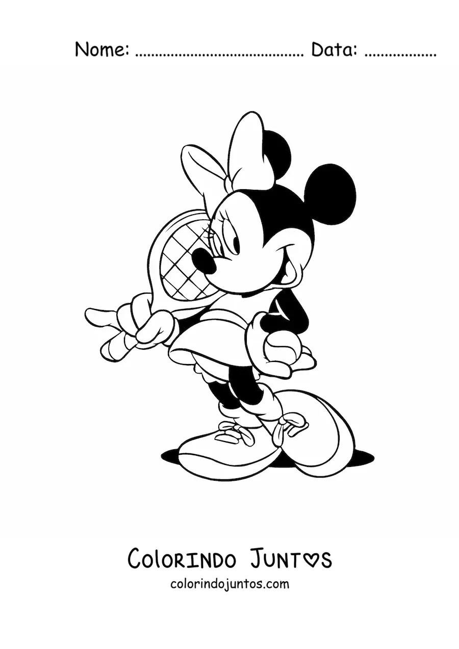 Desenho para colorir da Minnie vestida de tenista com uma raquete
