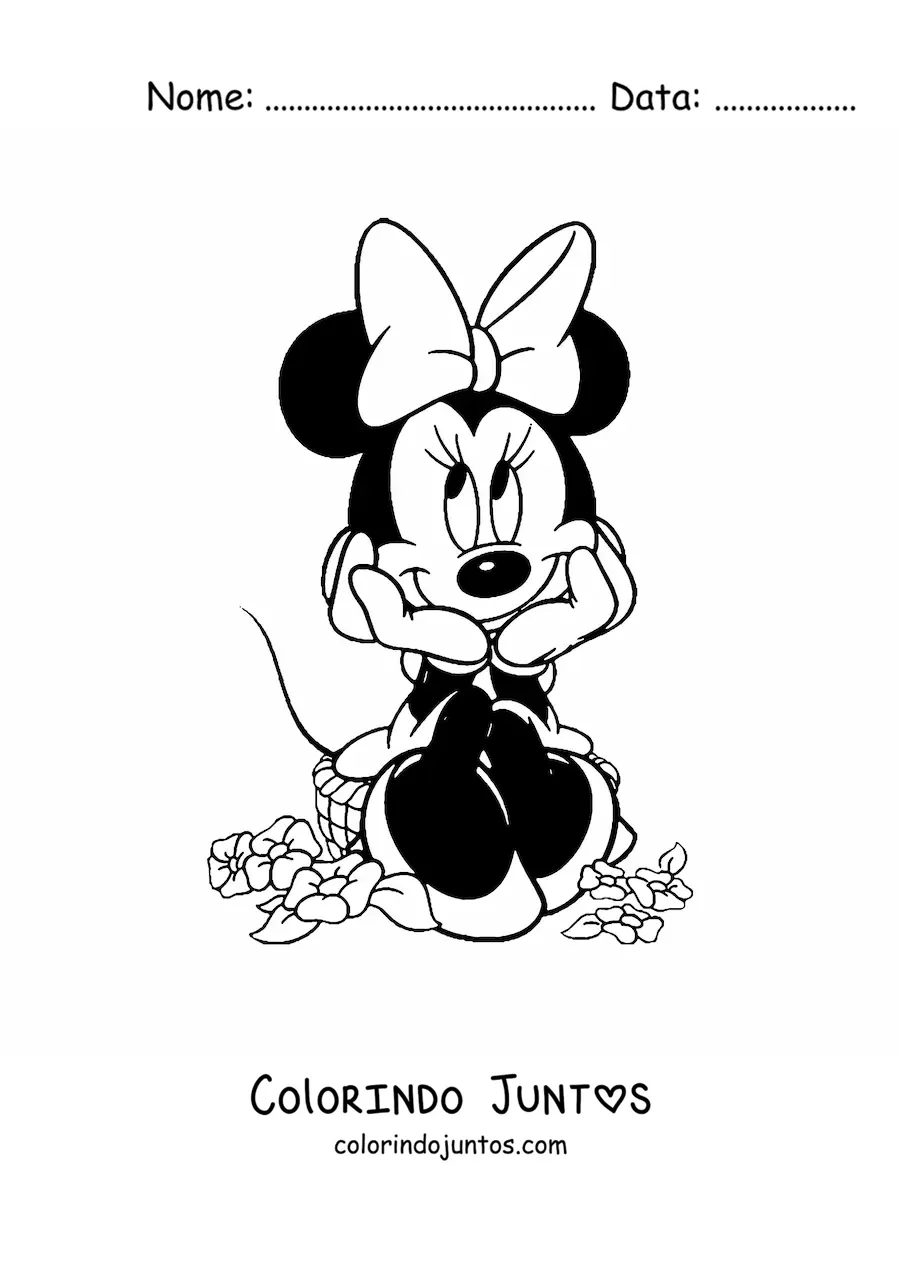 Desenho para colorir da Minnie sentada sobre flores com os olhos olhando para cima a esquerda