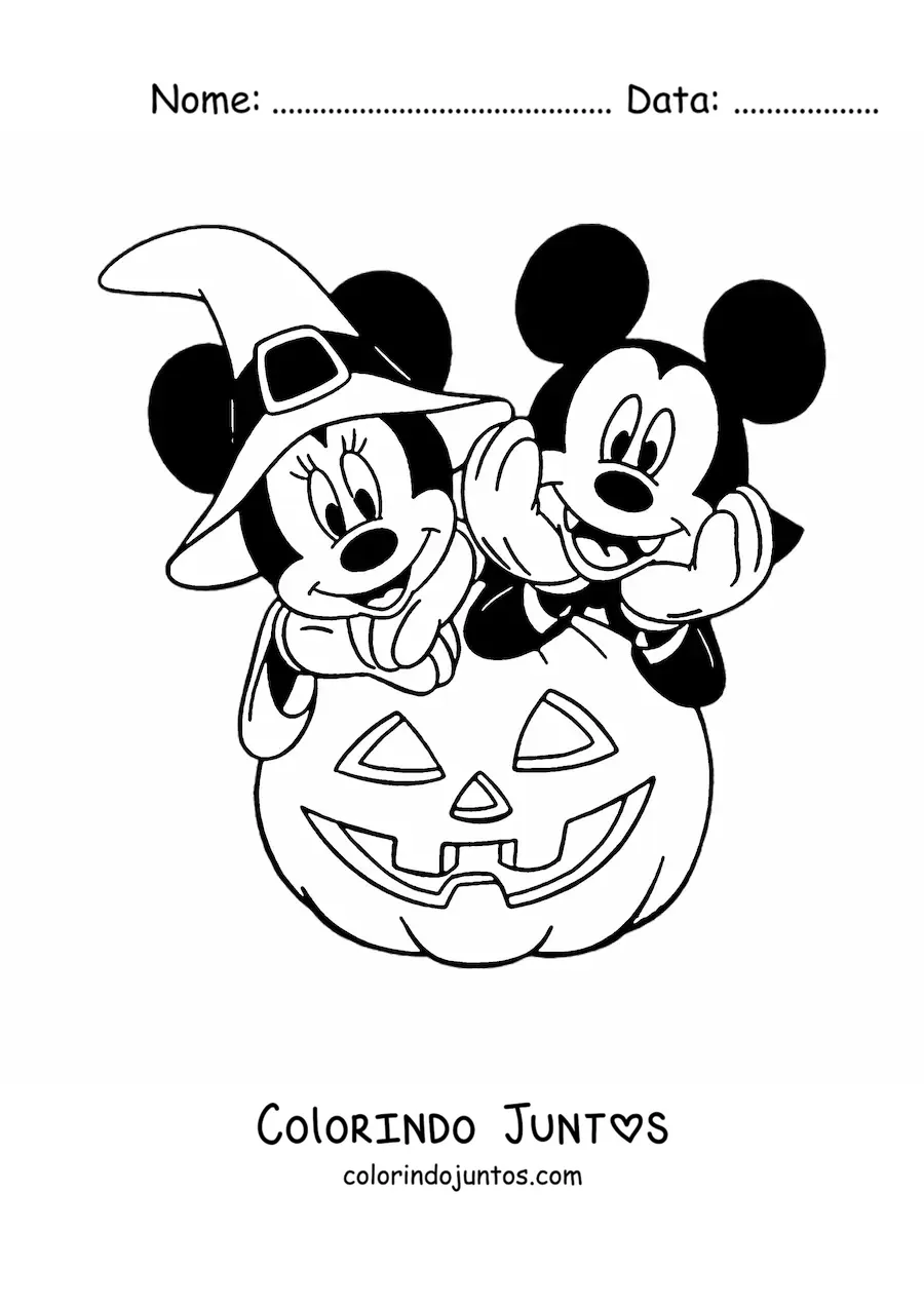 Desenho para colorir da Minnie e do Mickey no Halloween fantasiados ao lado de uma abobora grande