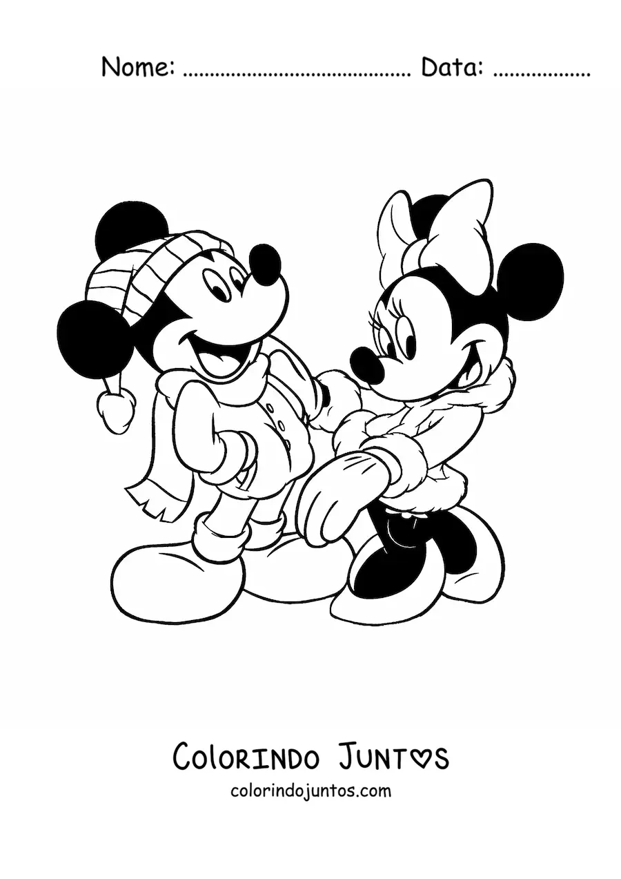 Desenho para colorir da Minnie e do Mickey vestidos de inverno no Natal