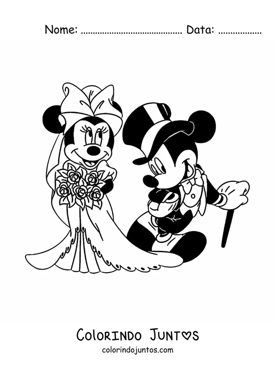 Desenho para colorir da Minnie com vestido de noiva e um buque e do Mickey com terno e chapeu no casamento deles