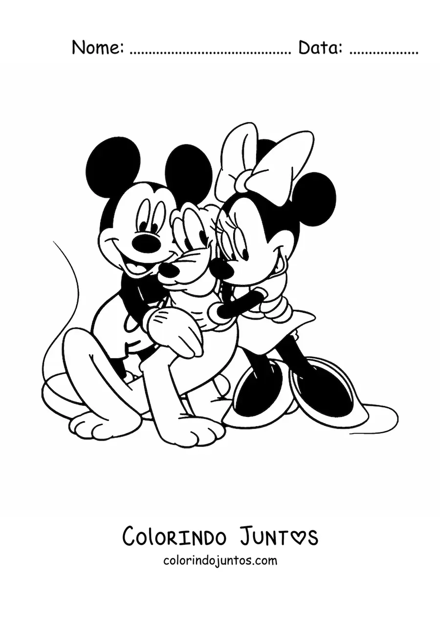 Desenho para colorir da Minnie e do Mickey abracando o Pluto