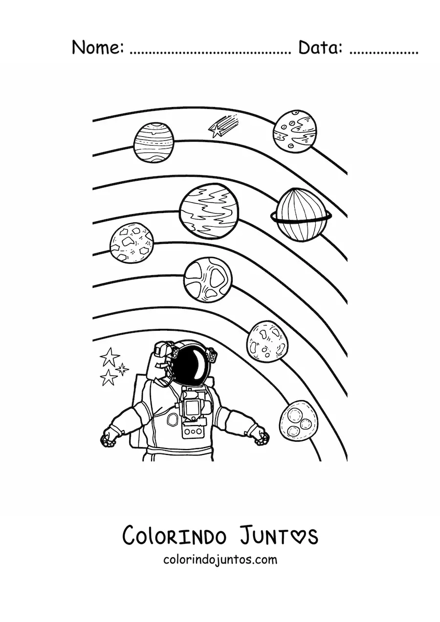 Desenho para colorir de um astronauta e dos planetas do Sistema Solar atual