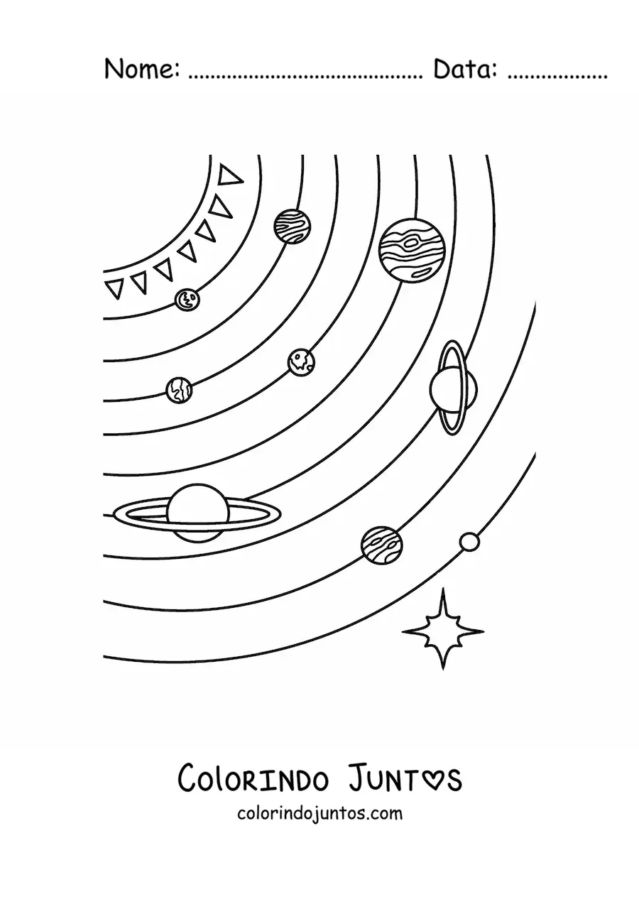 Desenho para colorir dos planetas do Sistema Solar com suas orbitas completas e Plutao em escala