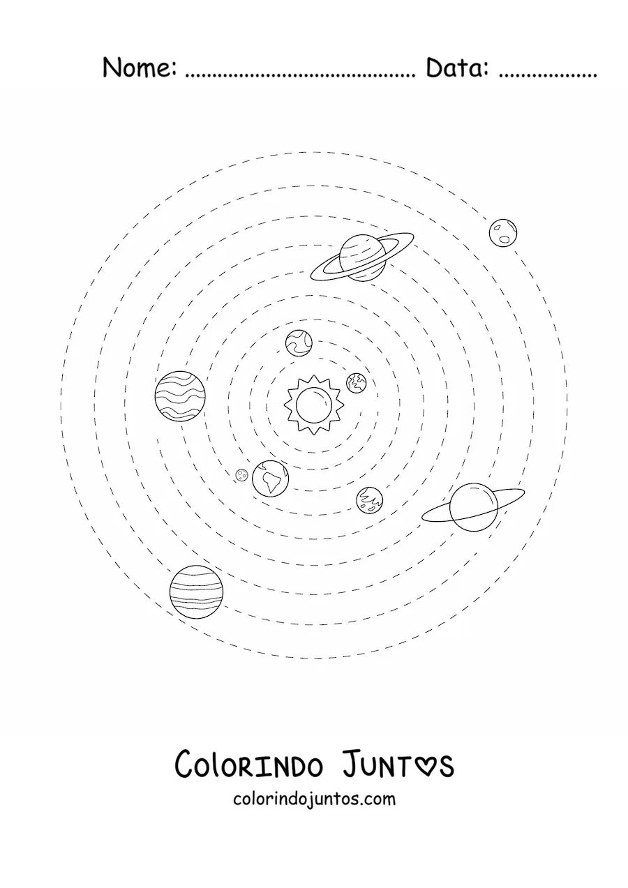 Desenho para colorir do Sistema Solar com os 9 planetas