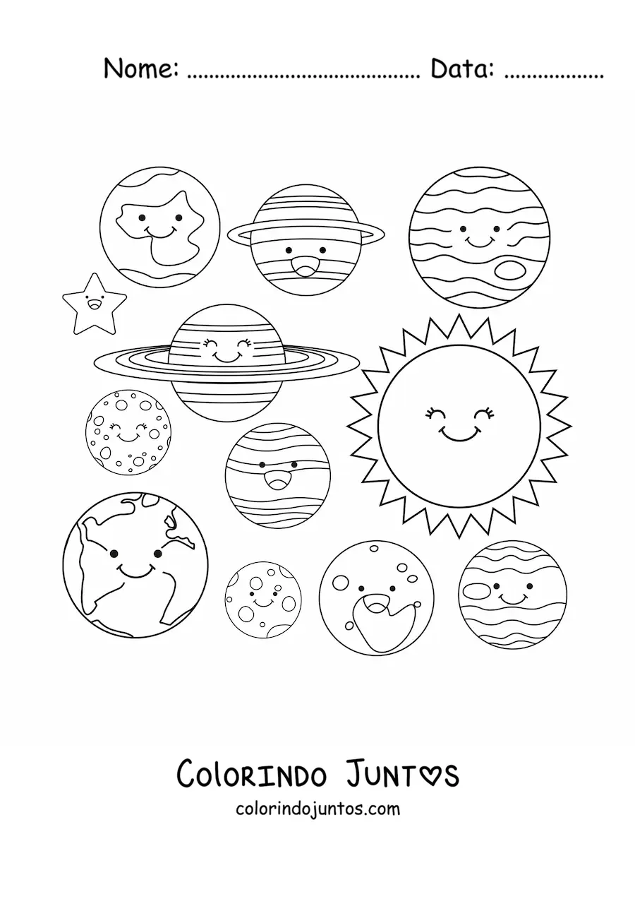 Desenho para colorir dos planetas do Sistema Solar com um Sol kawaii