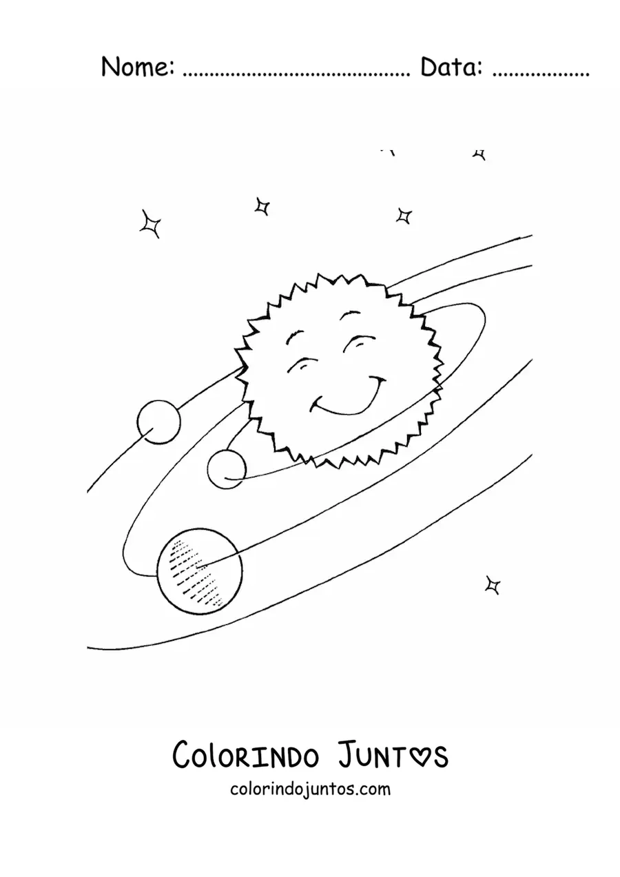 Desenho para colorir do Sistema Solar com um Sol kawaii