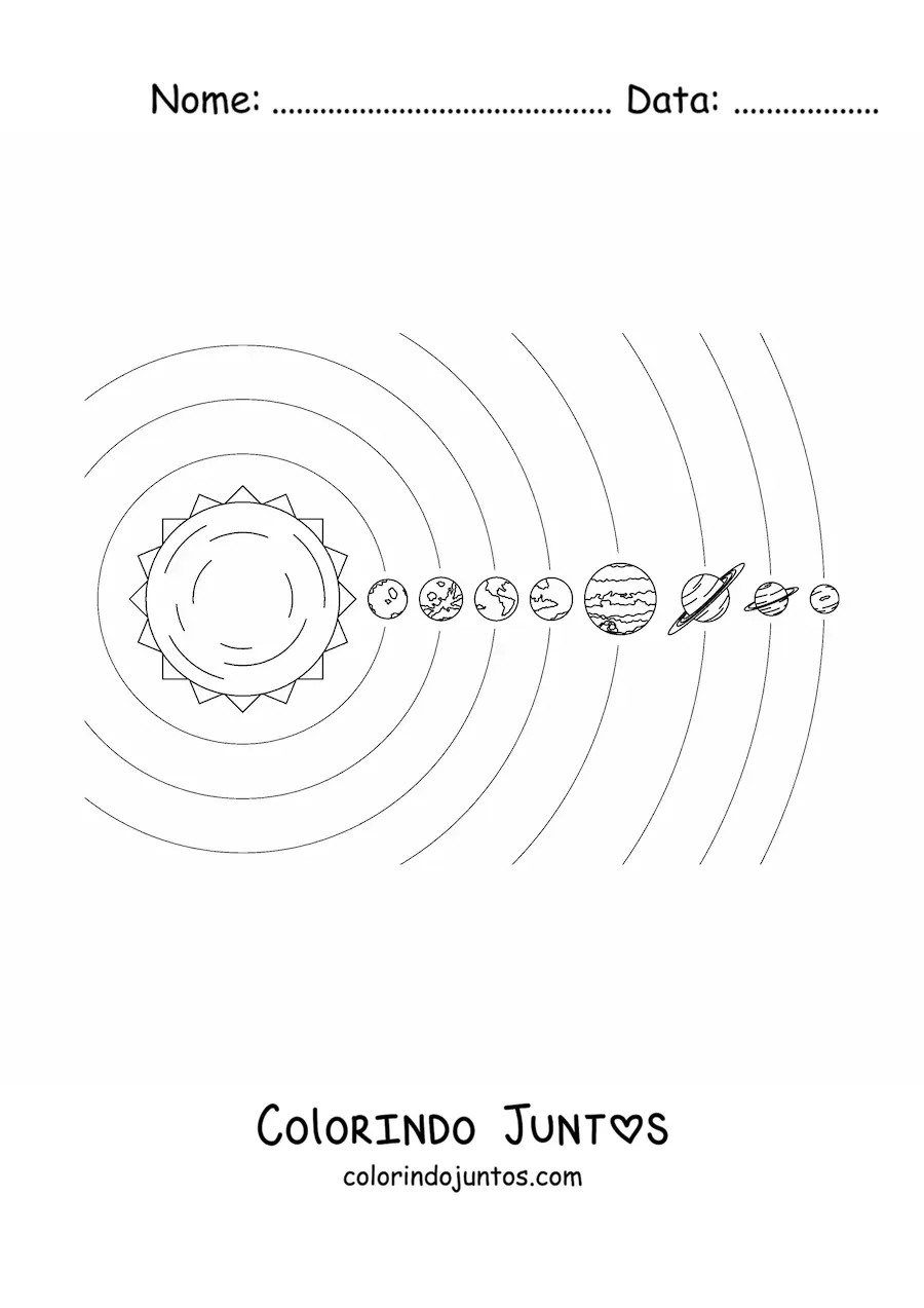 Desenho para colorir do Sistema Solar atual em escala