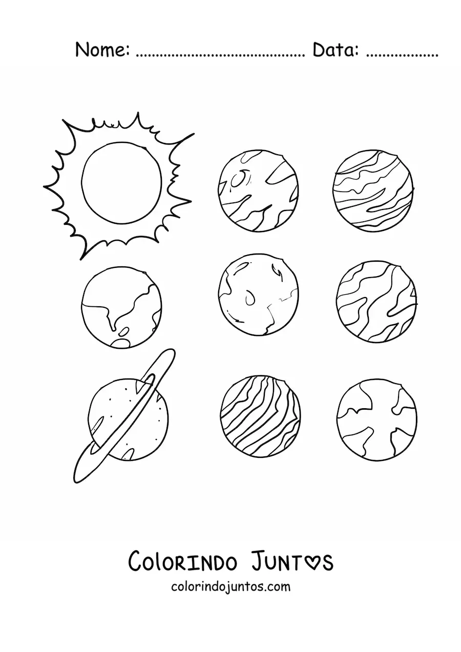 Desenho para colorir dos planetas do Sistema Solar atual em fileiras
