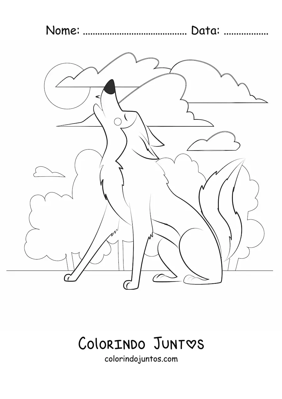 Desenho para colorir de um lobo animado uivando para a lua