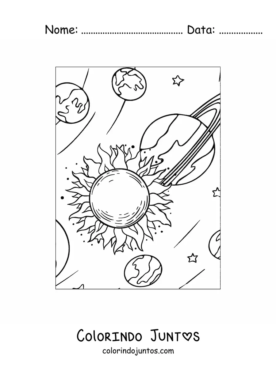 Desenho para colorir de planetas orbitando o Sol