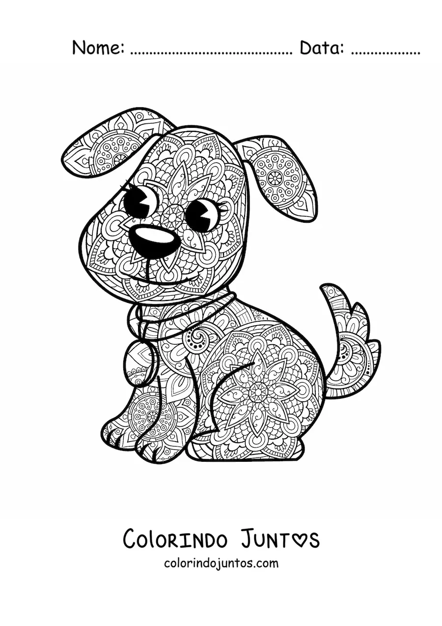 Desenho para colorir de uma mandala de cachorro kawaii