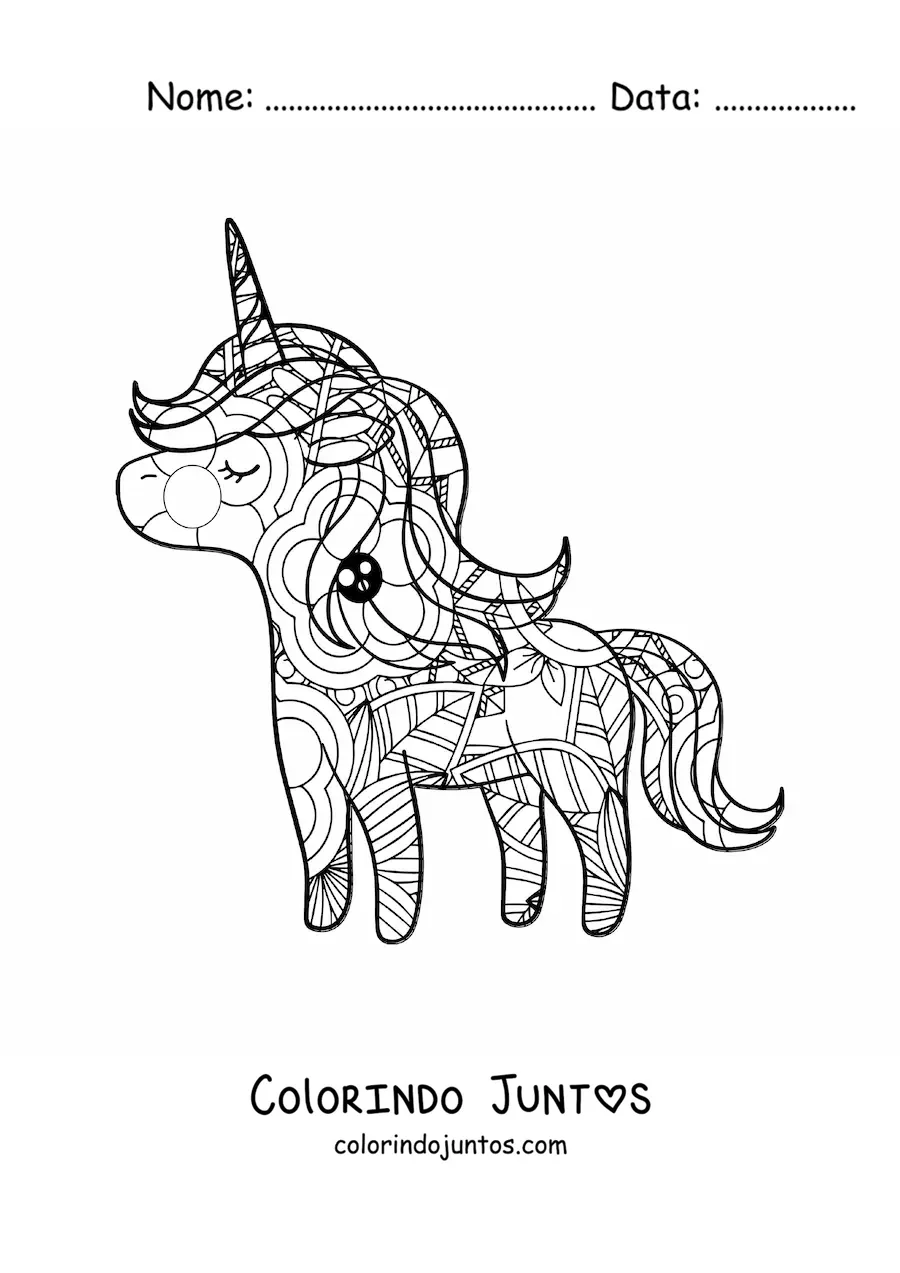 Desenho para colorir de uma mandala de unicornio kawaii