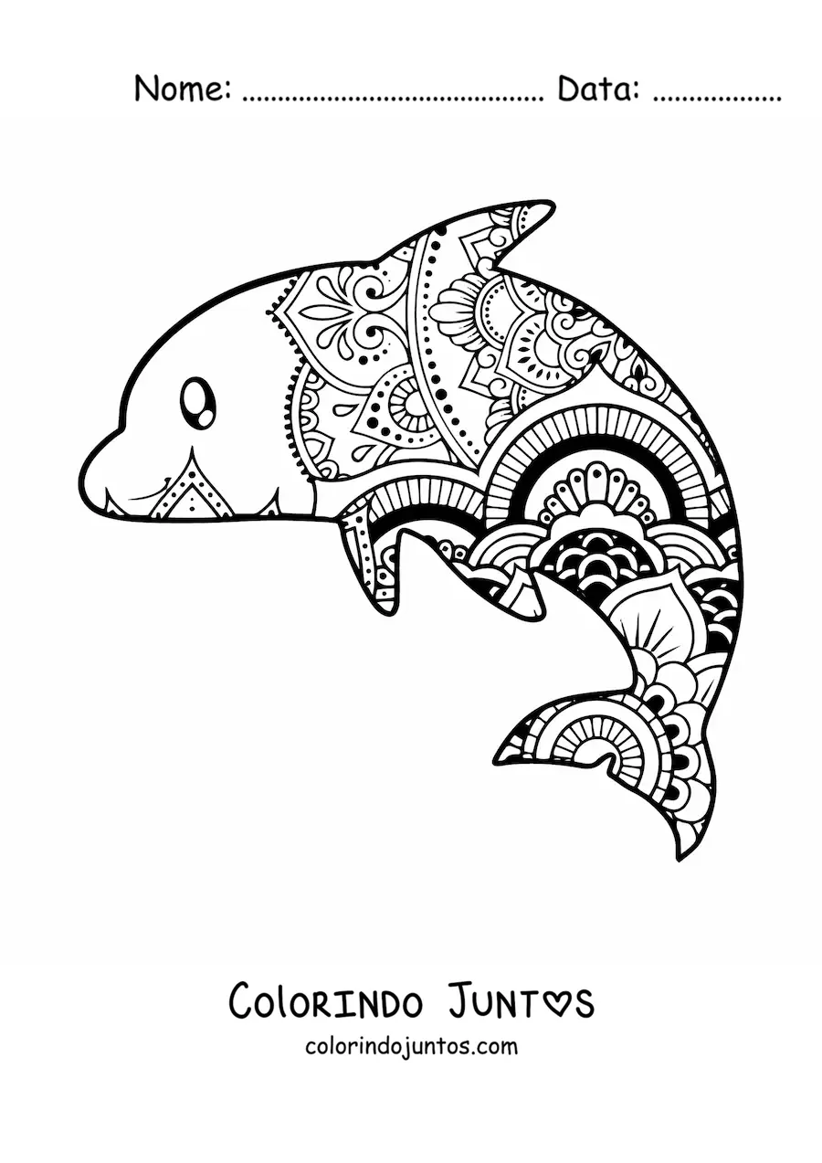 Desenho para colorir de uma mandala de golfinho kawaii