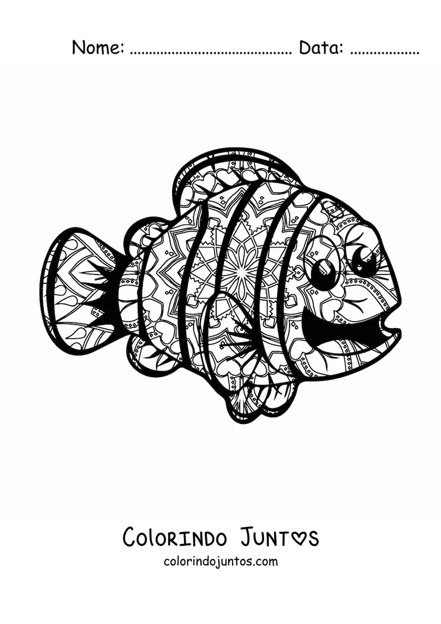 Desenho para colorir de uma mandala de peixe kawaii
