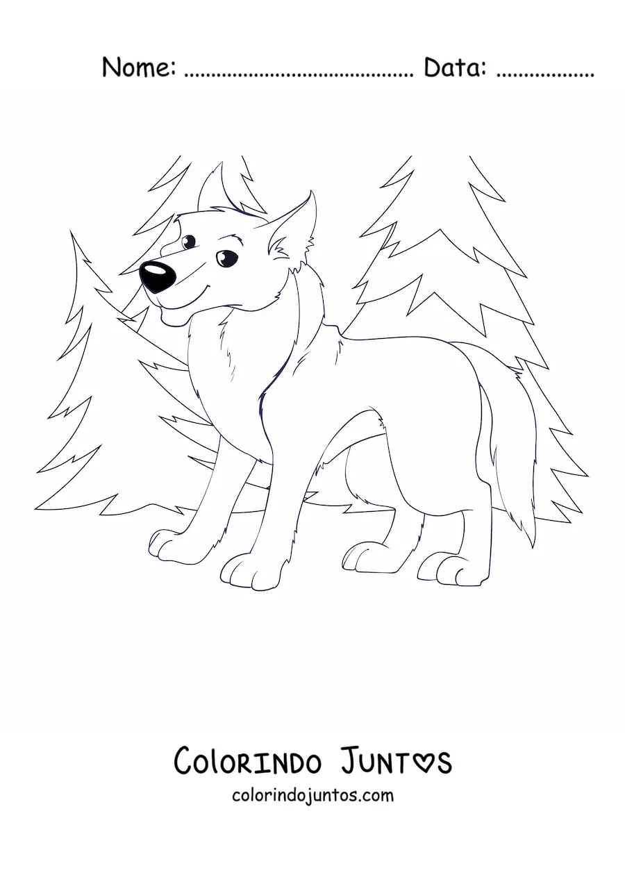 Desenho para colorir de um lobo animado sorridente em uma floresta