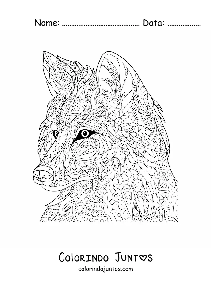Desenho para colorir de uma mandala de lobo dificil