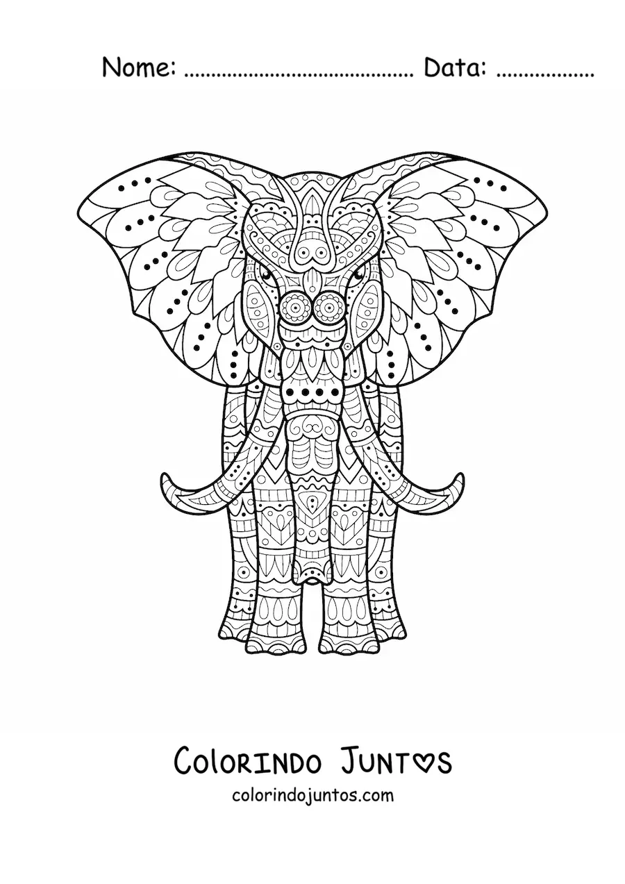 Desenho para colorir de uma mandala de elefante de frente